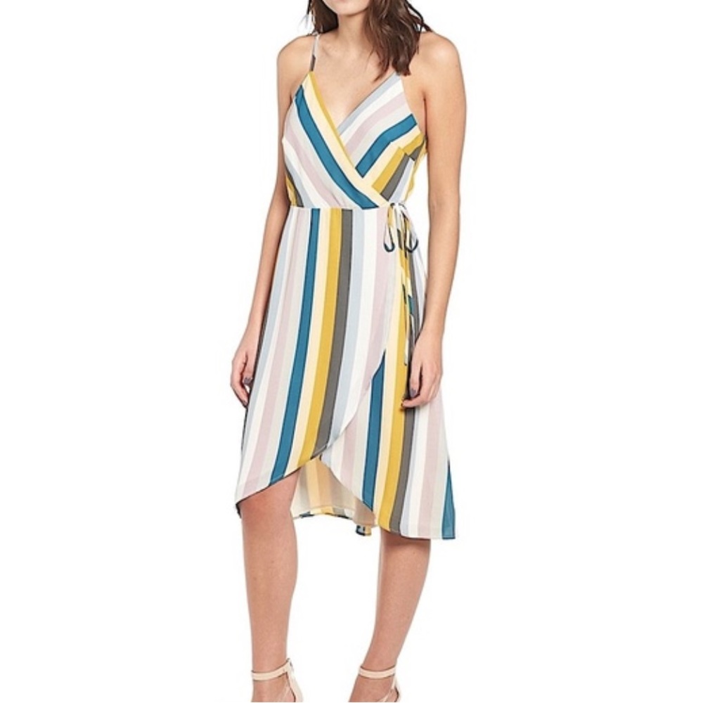 Leith Midi Length Multi-Colored Striped Wrap Dress